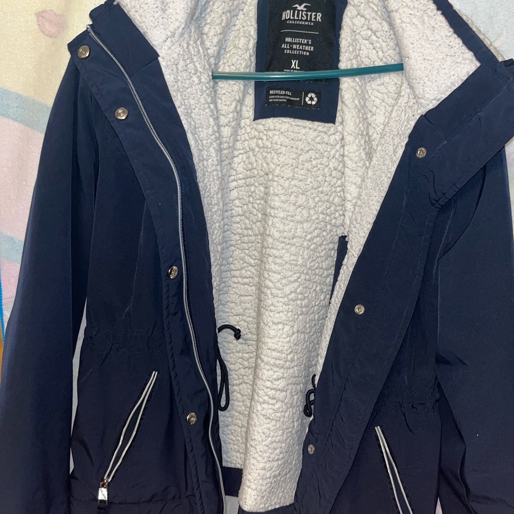 Hollister Women's Dark Blue Utility Jacket with Sherpa Lining